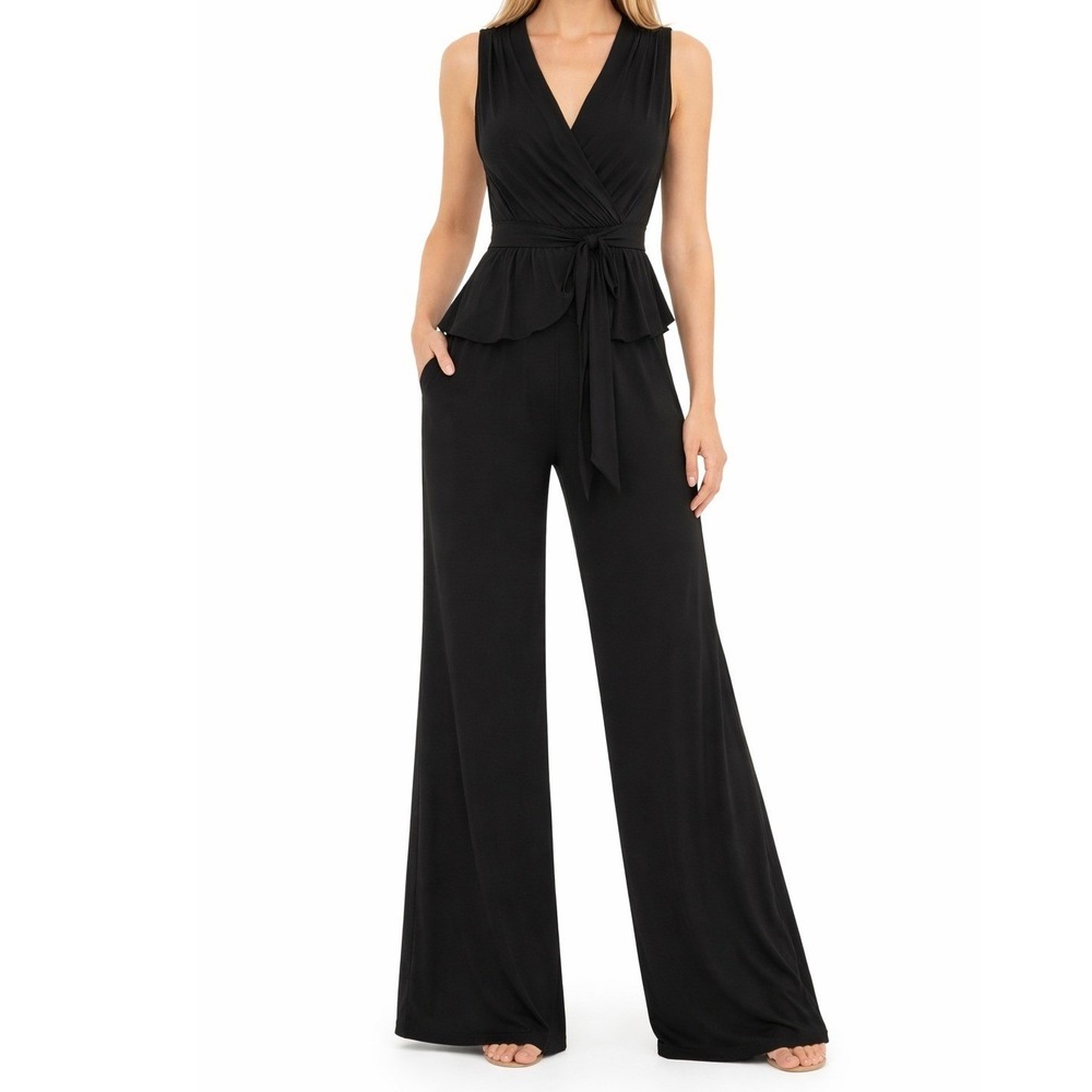 Spense Black Sleeveless Wrap Peplum Wide Leg‎ Jumpsuit with Tie Waist Womens S